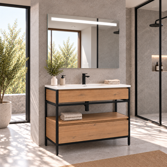 DORIA [1S] Mueble de baño DORIA con patas, cajón y lavabo integrado, vista de ángulo